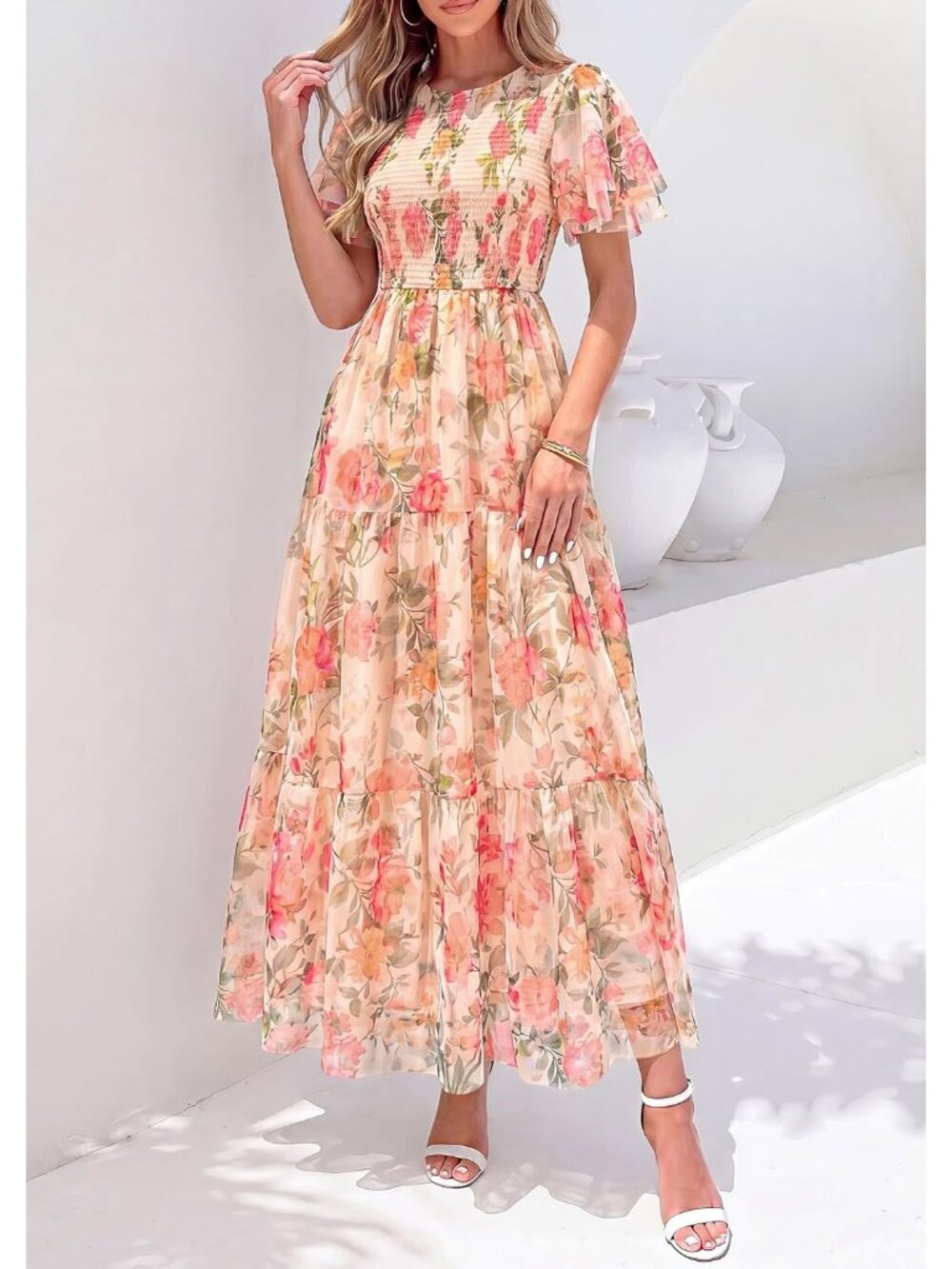 〽️Apricot Floral Boho Maxi Dress Women’s Flutter Sleeve Smocked Tiered Gown - Picture 2 of 6